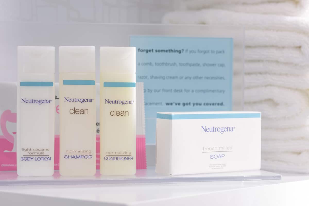 free toiletries, hair dryer, towels