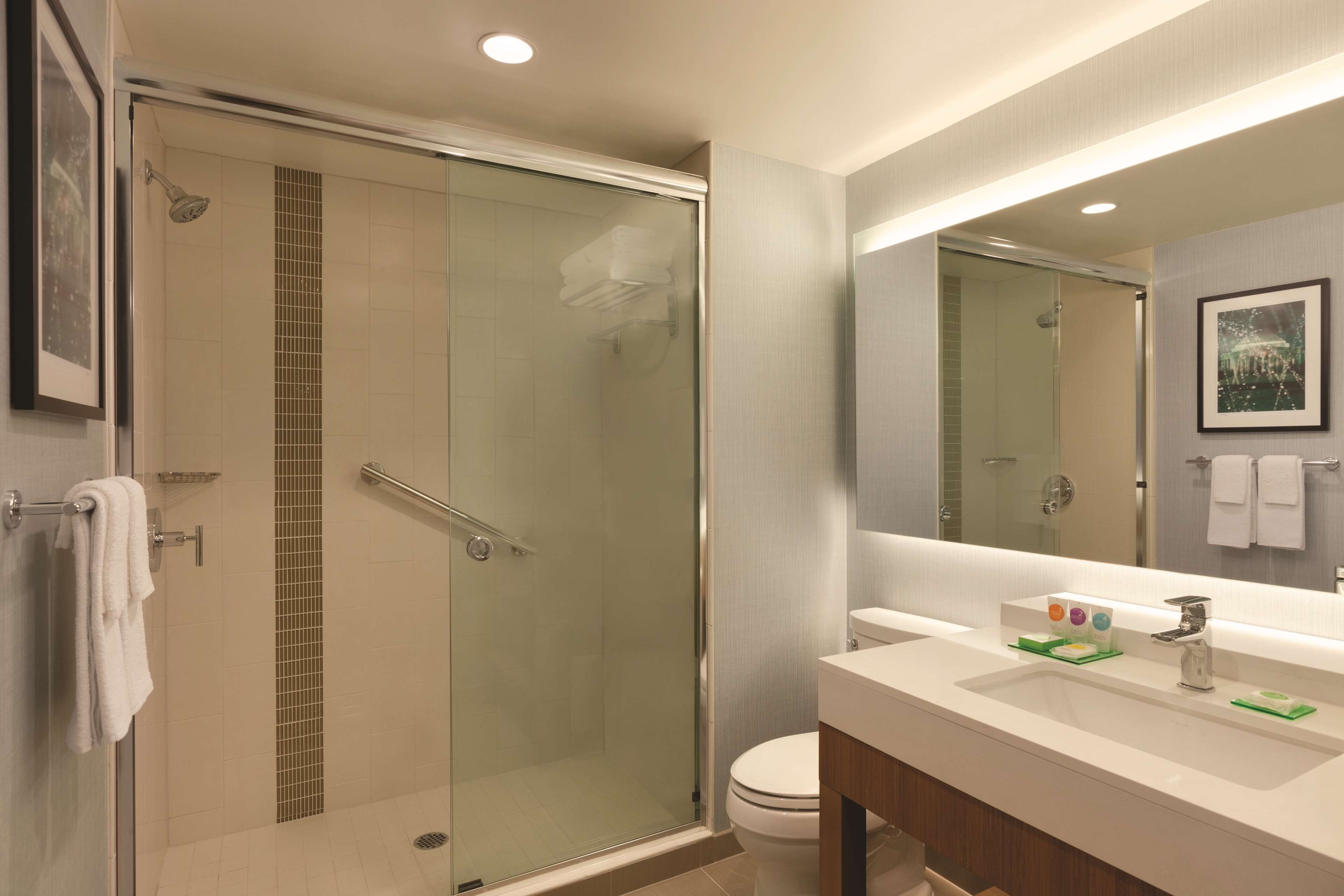 designer toiletries, hair dryer, towels