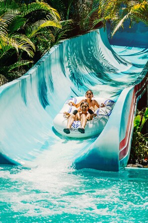 A water slide with a pool and tropical foliage. - Hotel Parque Acuático La Caldera (Abasolo)