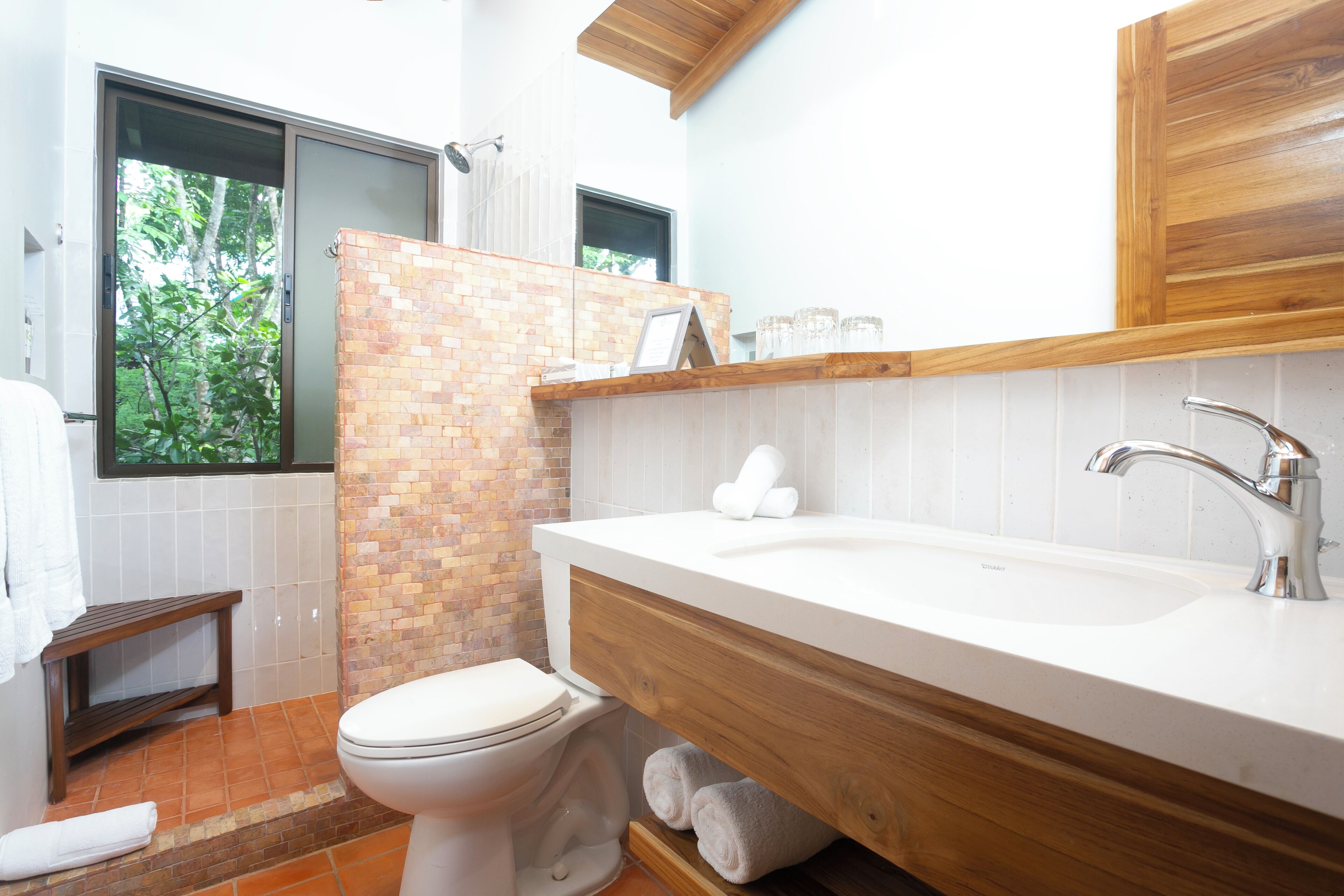 shower, eco-friendly toiletries, towels, soap