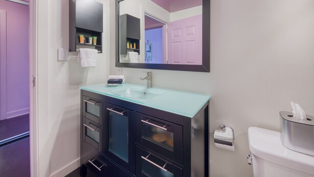 A modern bathroom with a glass sink, dark cabinetry, a large mirror, and a toilet. - The Mayton (Cary)