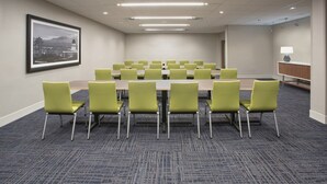 Een vergaderruimte met een lange tafel en groene stoelen, een vloerbedekking en een ingelijst schilderij aan de muur.