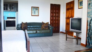 A room with a bed, a green leather sofa with patterned cushions, a television on a stand, a wooden door, and a kitchen area with cabinets and a stove. - On Top of The Bay (Montego Bay)