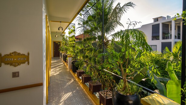 Un pasillo con plantas en macetas, un cartel con números y un edificio al fondo.