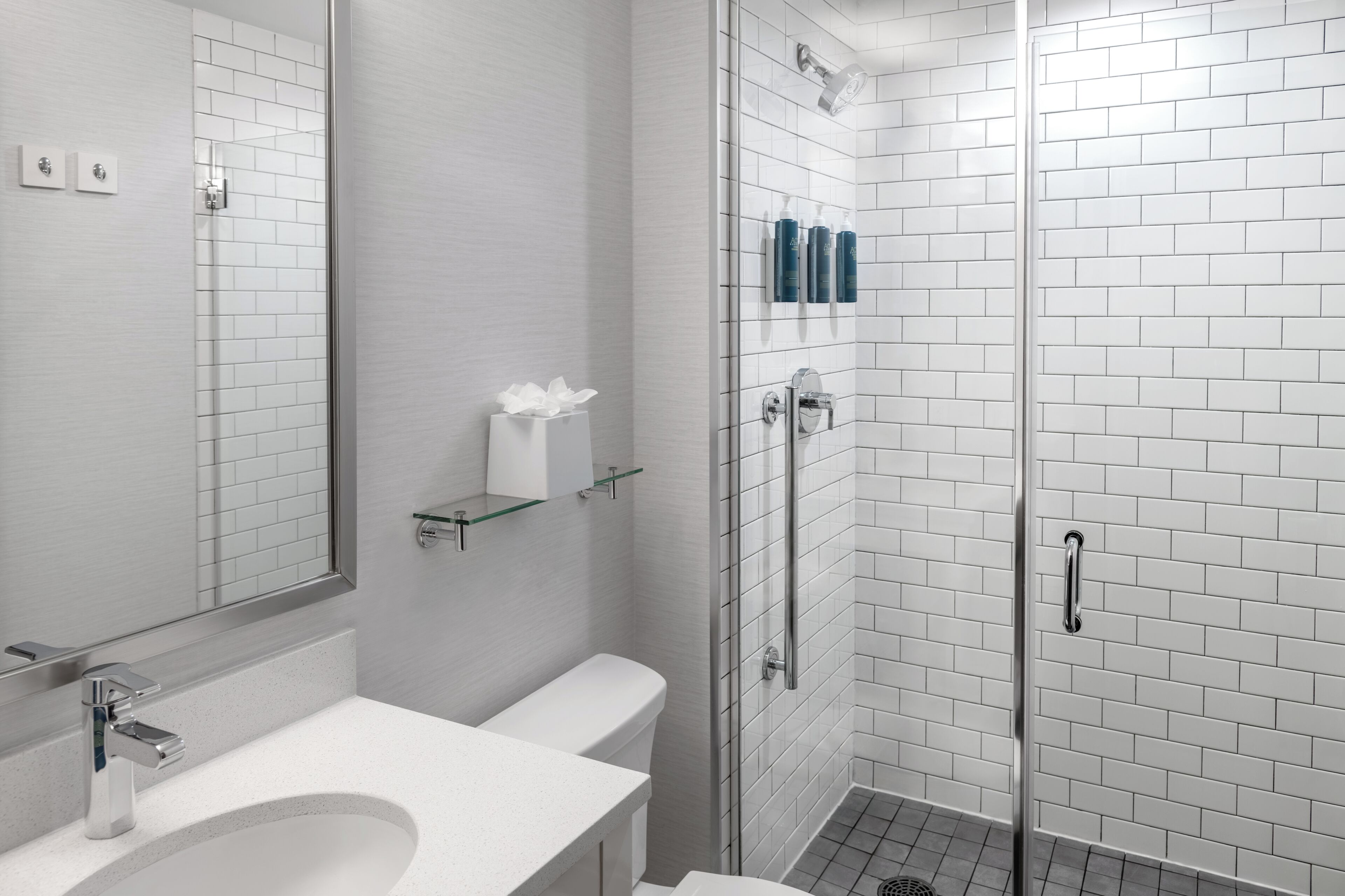 A modern bathroom with a glass shower enclosure, a white sink, and a toilet.