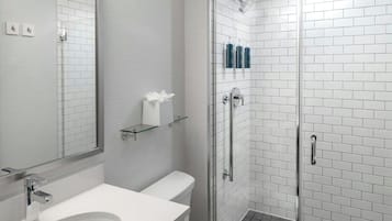 A modern bathroom with a glass shower enclosure, a white sink, and a toilet.