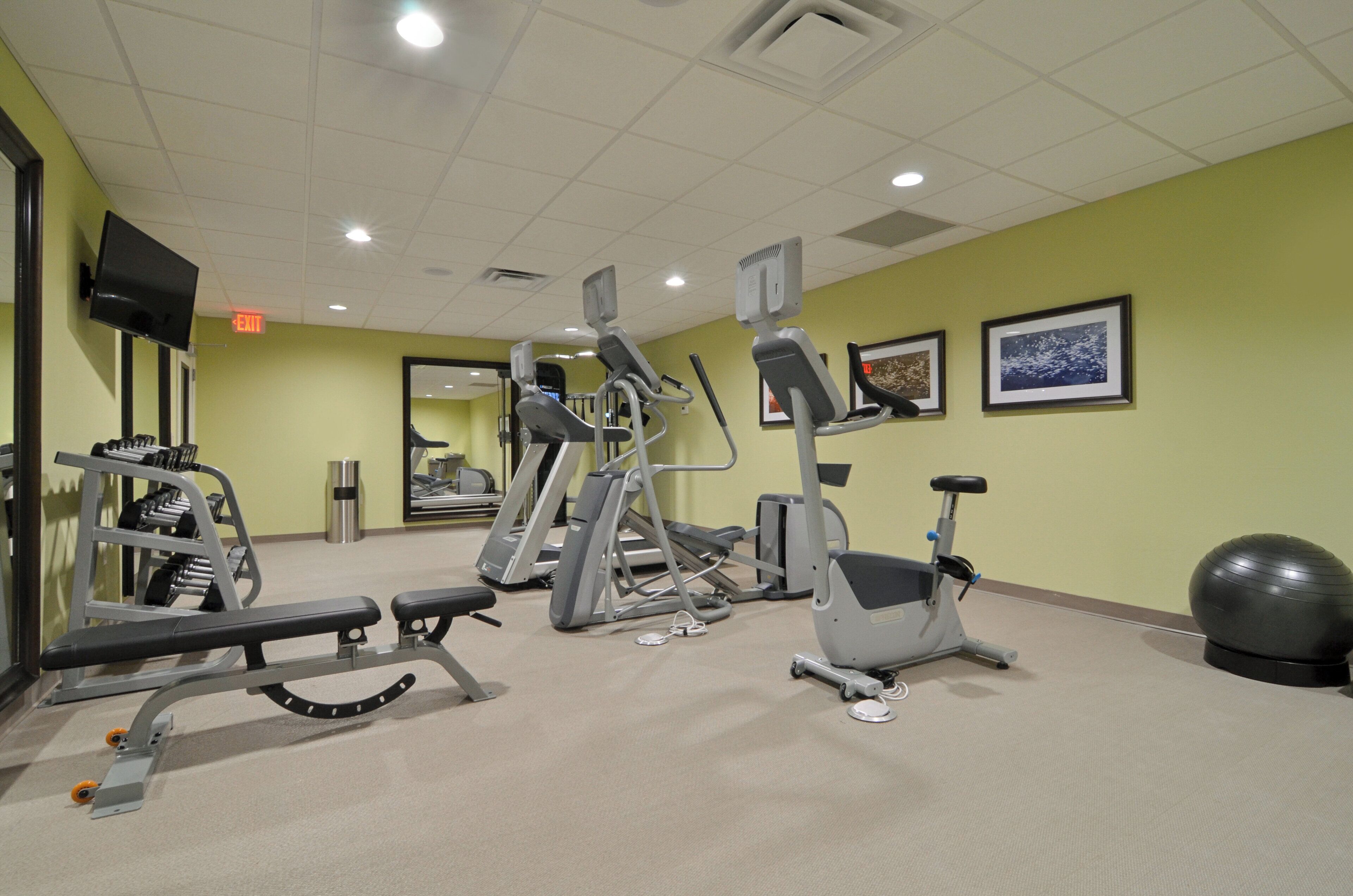 A gym with various exercise equipment, a television mounted on the wall, and framed pictures on the wall.