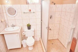 Un baño pequeño y funcional con lavamanos, inodoro y ducha.