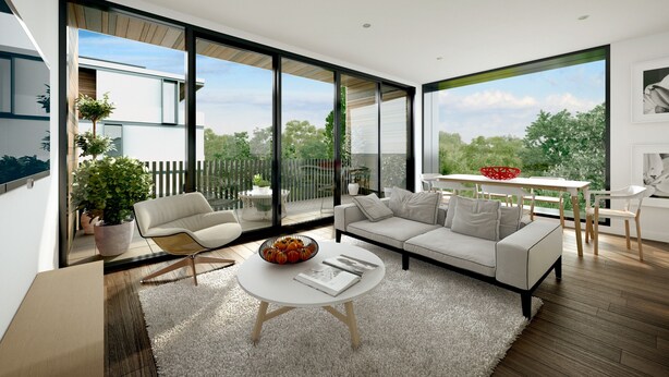 A modern living room with a sofa, coffee table, and large windows offering a view of the outdoors. - Clayton Serviced Apartments (Clayton)