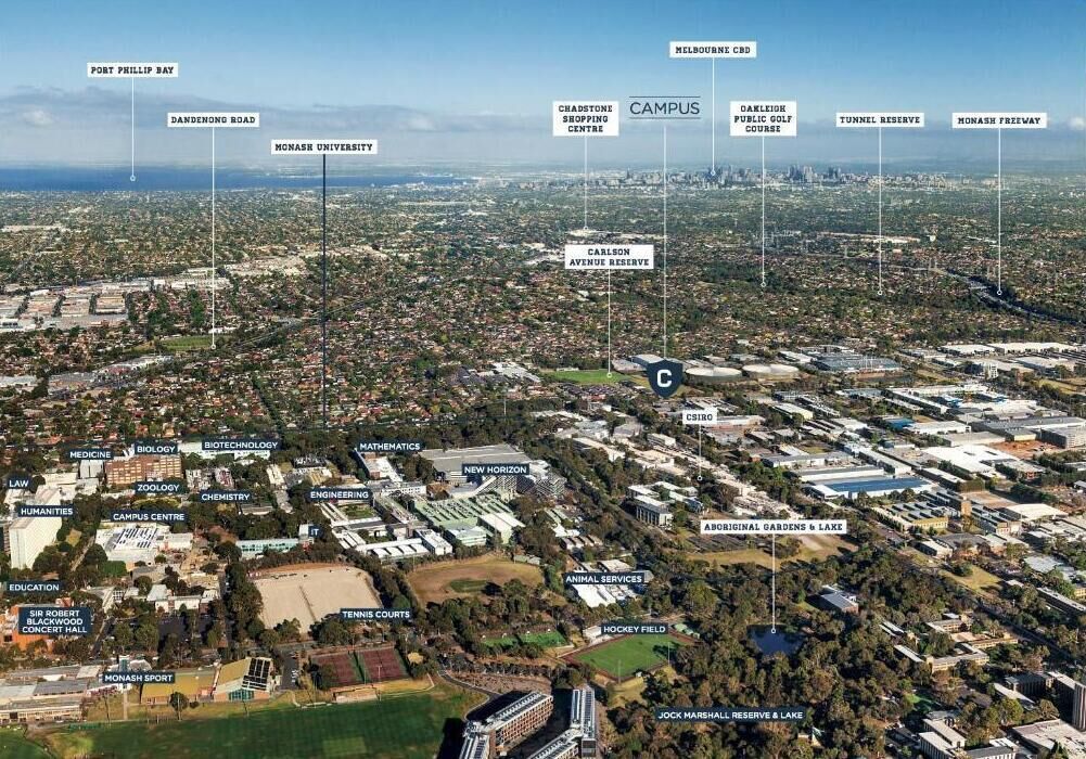 An aerial view of a university campus with labeled buildings and areas such as the campus center, sports facilities, and surrounding roads.