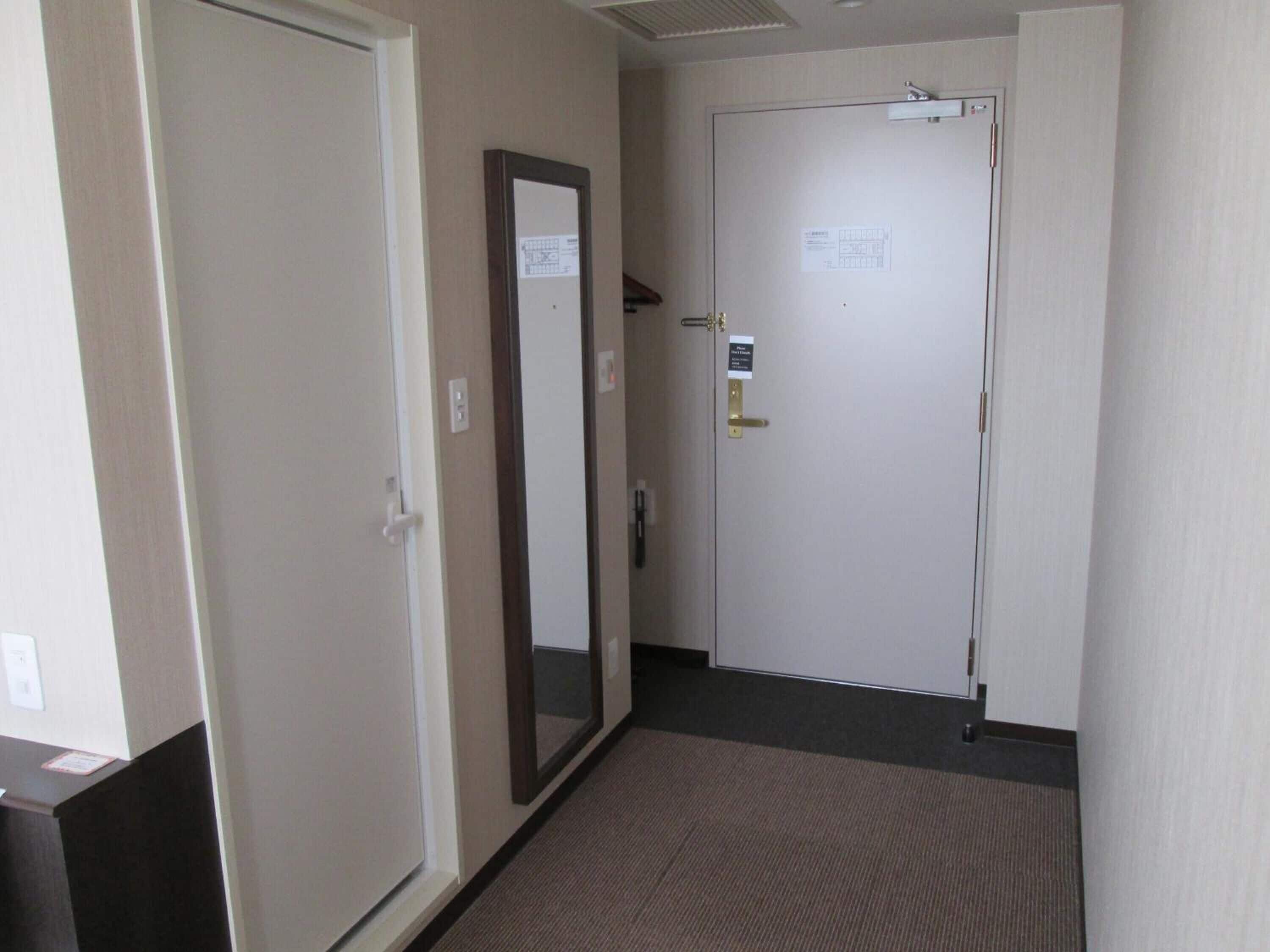 A narrow hallway with a carpeted floor, a door with a brass handle, and a mirror on the wall.