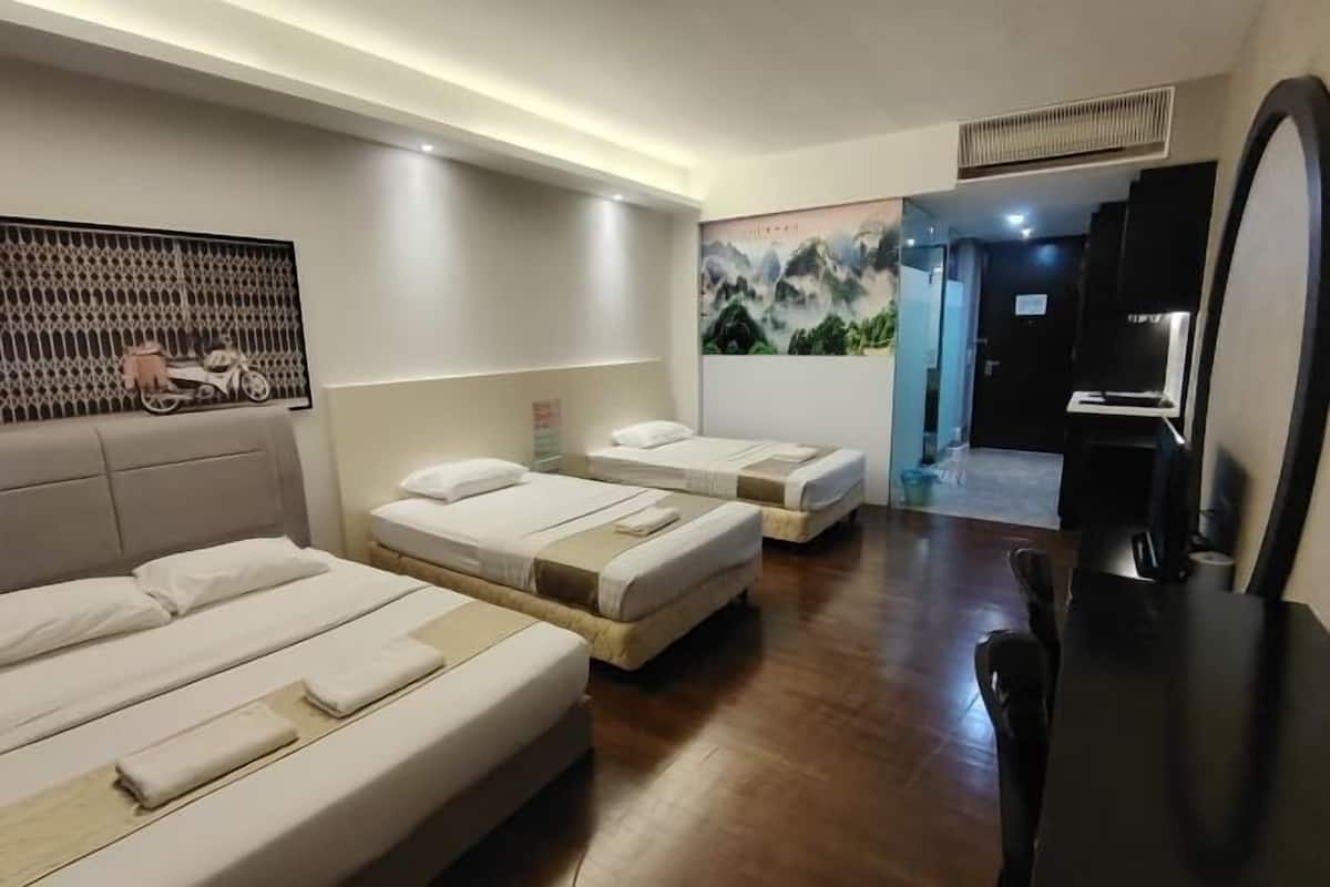 1 bedroom, desk, laptop workspace, blackout curtains