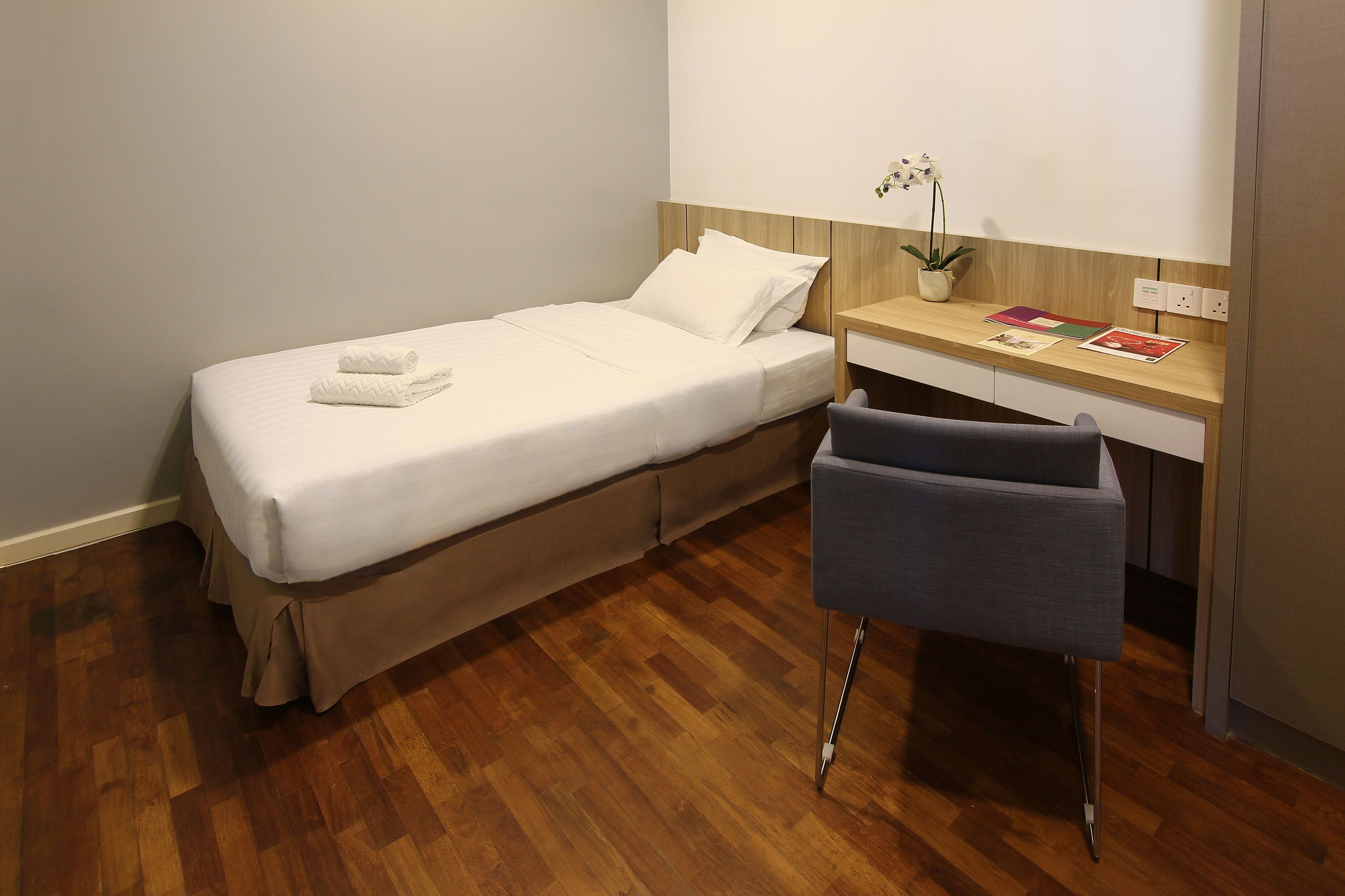 Una cama individual con cabecera de madera, un pequeño escritorio con una silla y una planta en maceta.