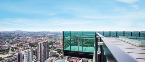 A high-rise building with a view of a cityscape, including other buildings and a distant mountain.