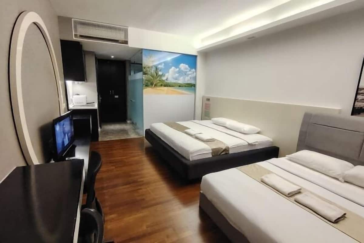 1 bedroom, desk, laptop workspace, blackout curtains