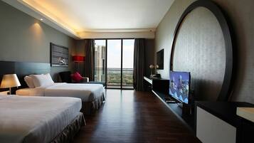 Desk, laptop workspace, blackout curtains, soundproofing