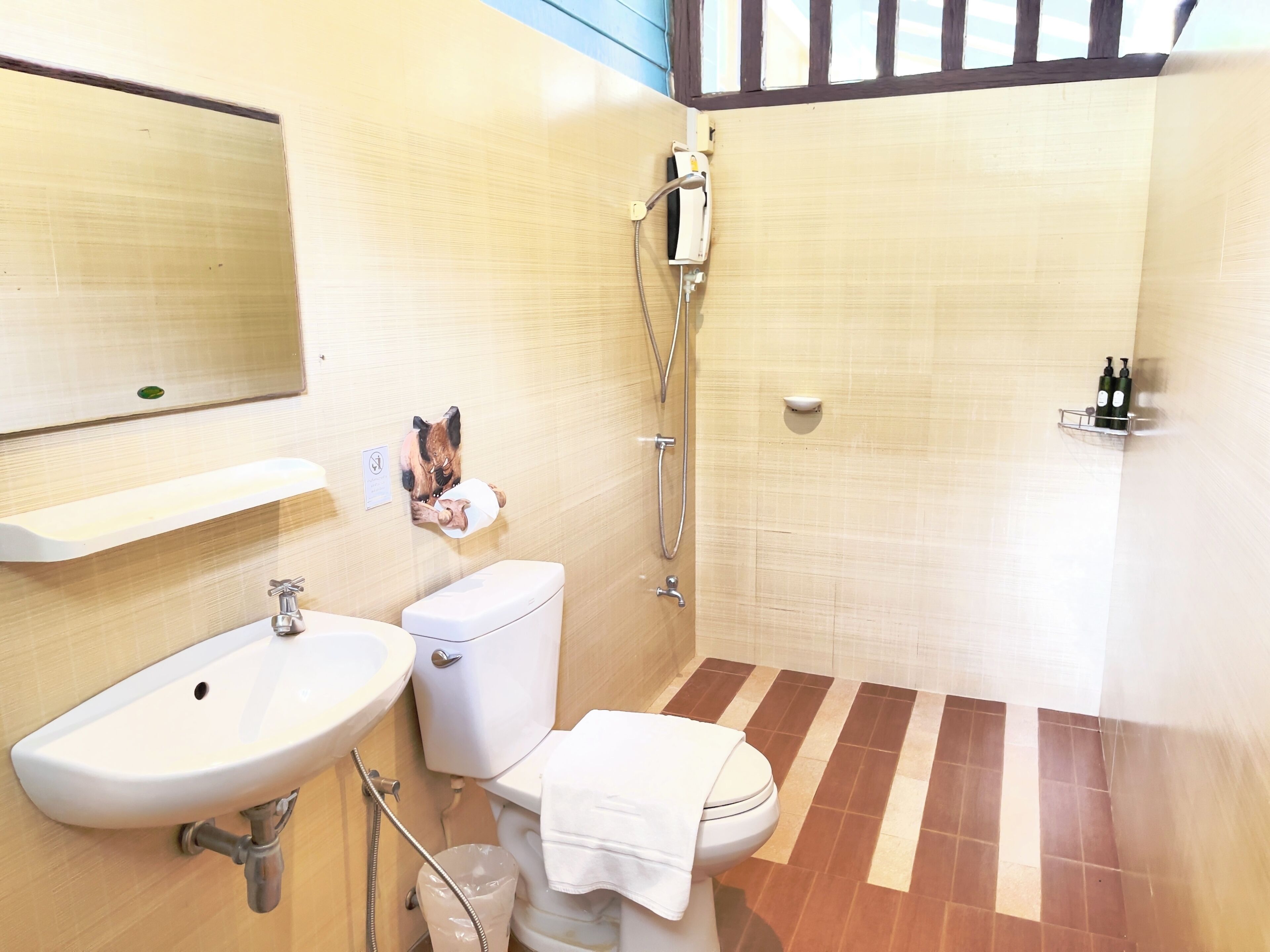 Une salle de bain avec un lavabo, des toilettes et une douche.