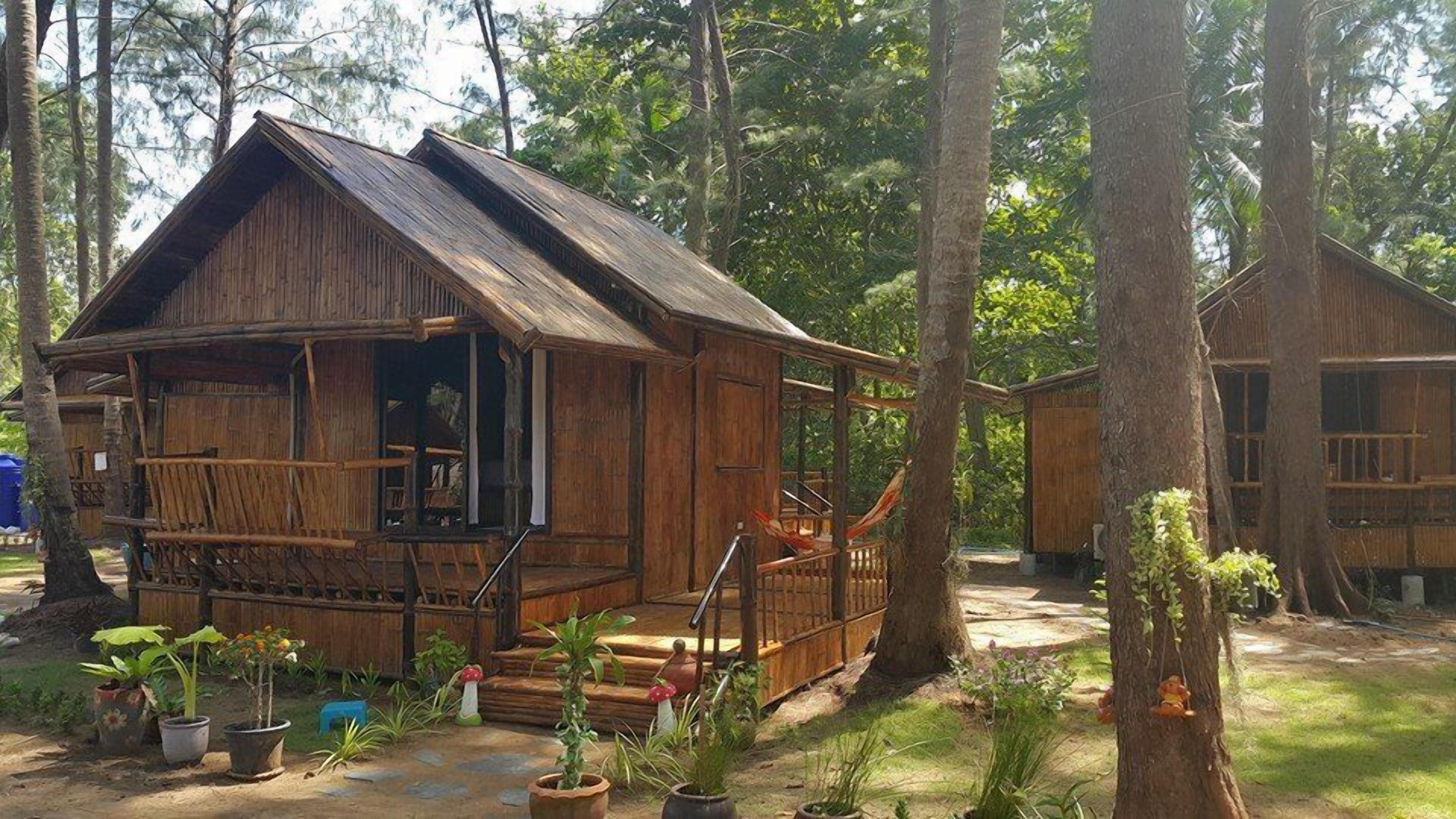 A rustic wooden cabin with a porch, surrounded by trees and potted plants.