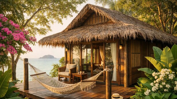 A wooden bungalow with a thatched roof, a hammock, and a view of the sea. - Eco Lanta Hideaway Beach Resort (Ko Lanta)