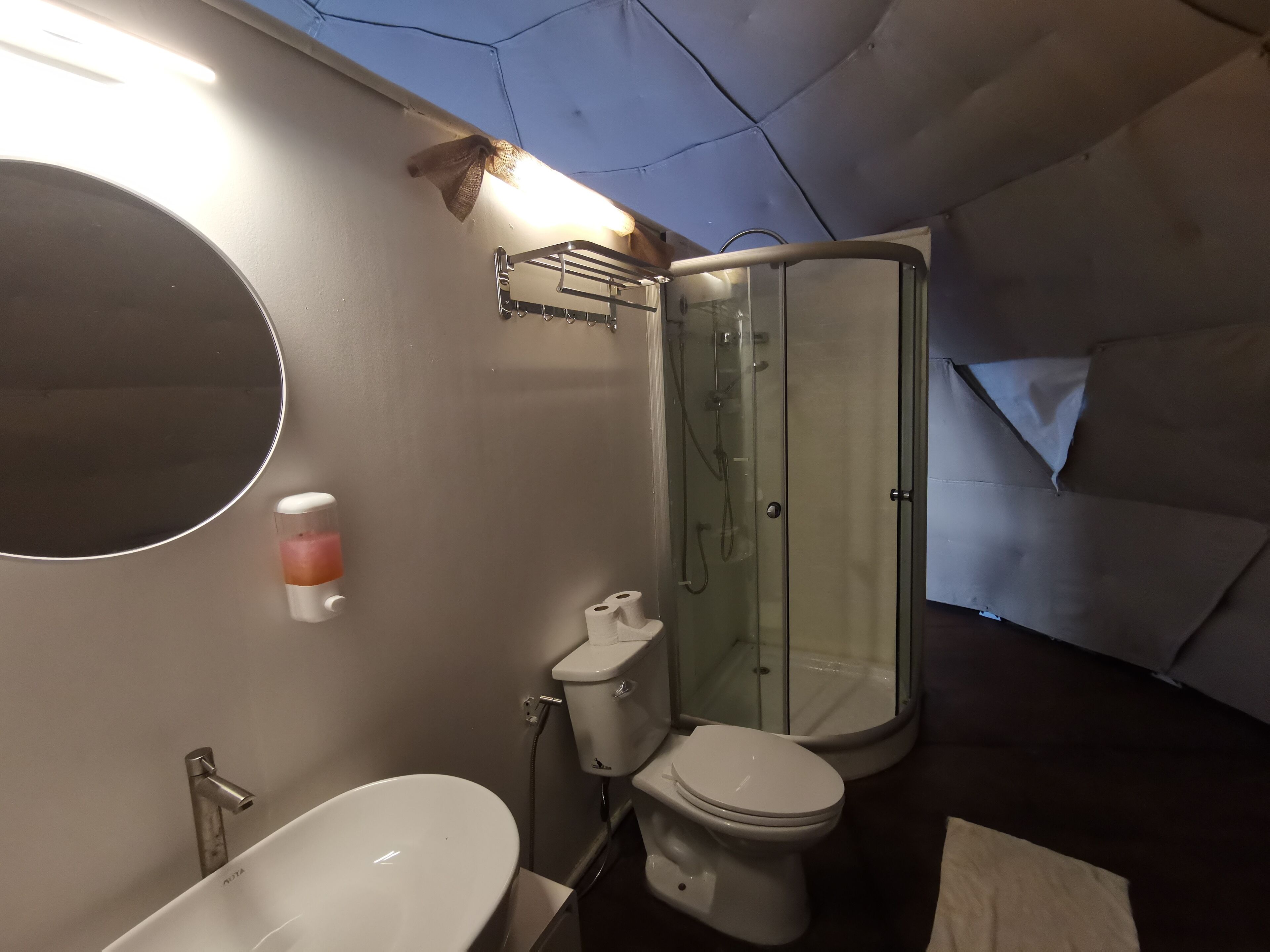 A bathroom with a toilet, a sink, and a glass-enclosed shower.