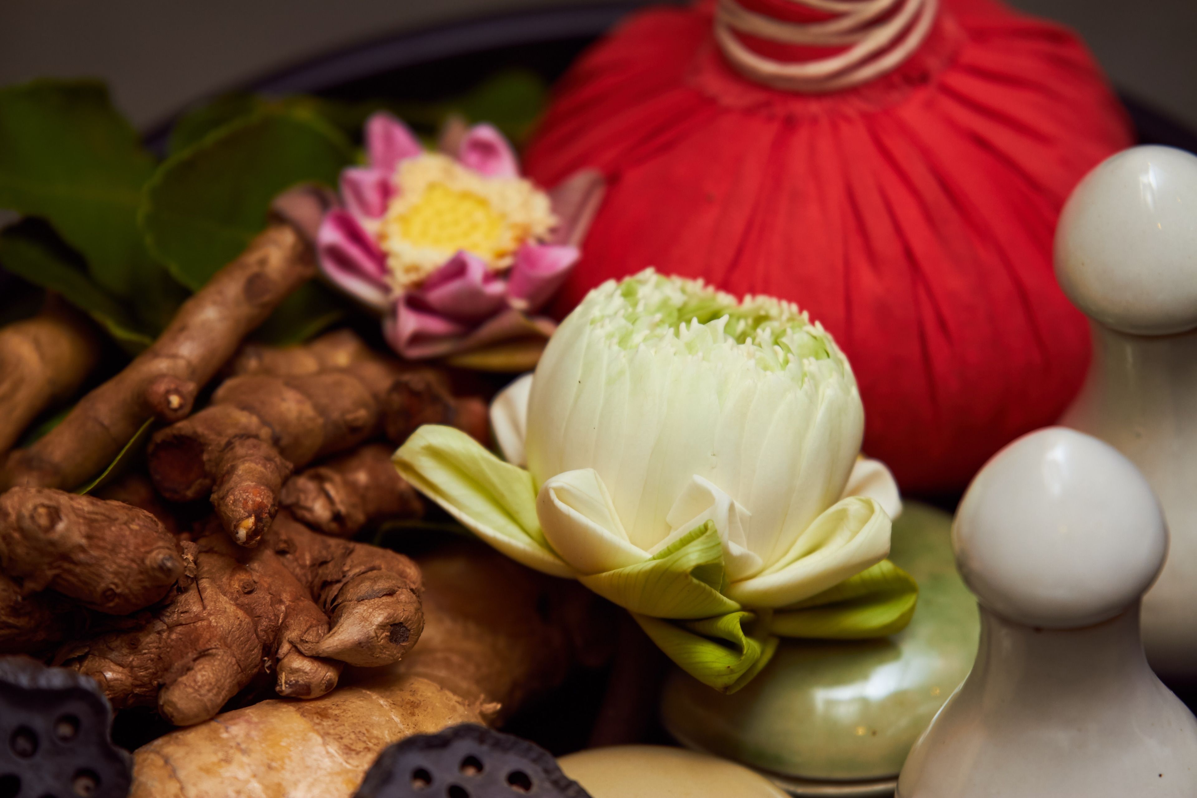 A close-up of ginger roots, a white lotus flower, and a red decorative item on a table.