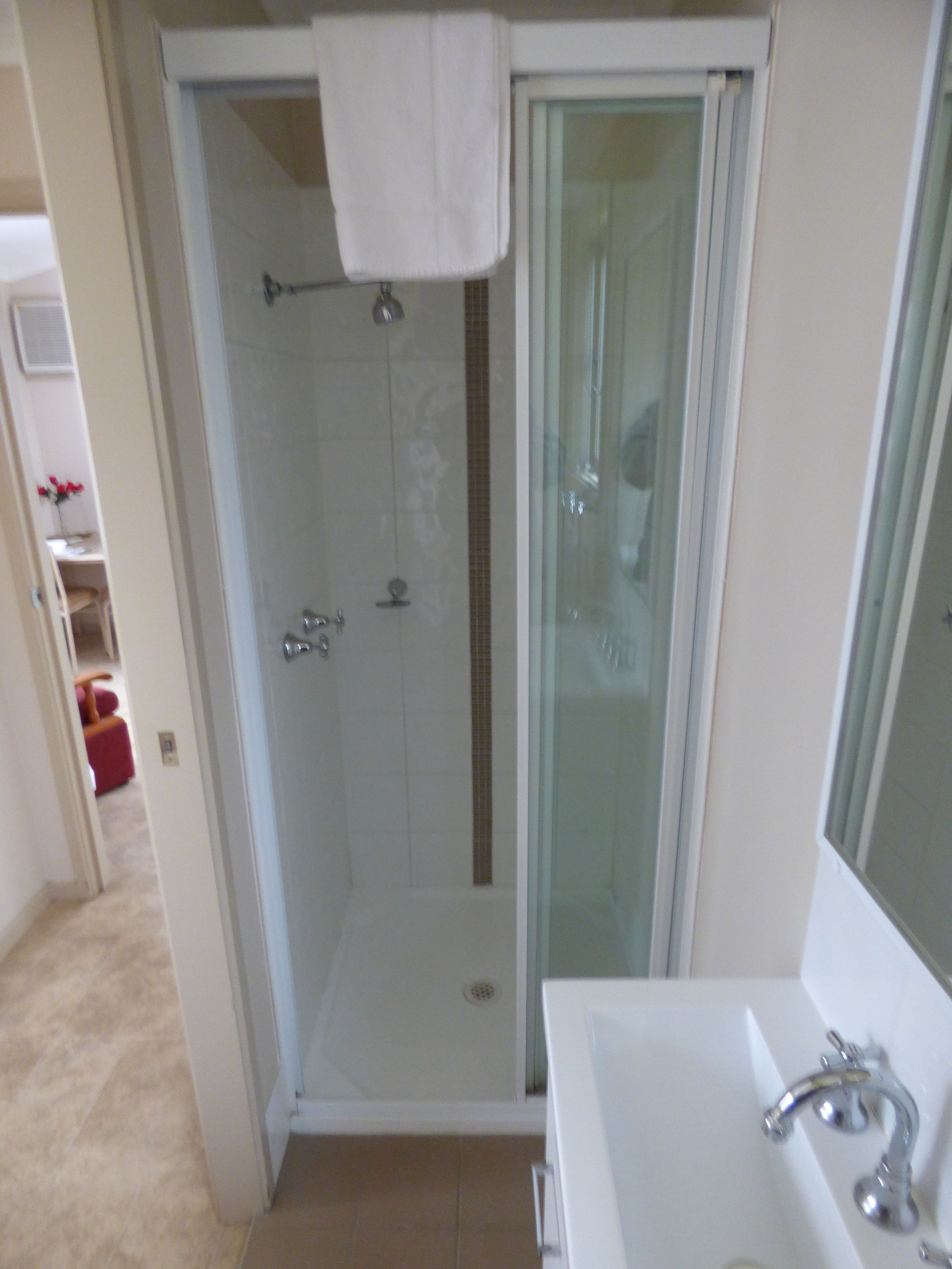 Une salle de bain avec une douche à parois de verre, un lavabo blanc et un miroir.