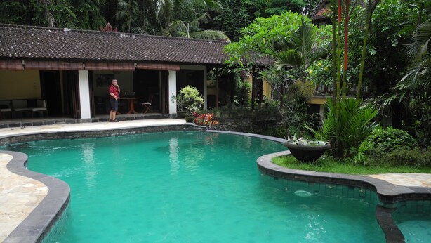 A swimming pool with a curved edge, surrounded by lush greenery and a building with a tiled roof. - Villa Jineng Ubud Bali (Ubud)
