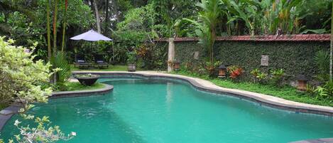 A swimming pool surrounded by lush greenery, with a stone wall and a few lounge chairs.