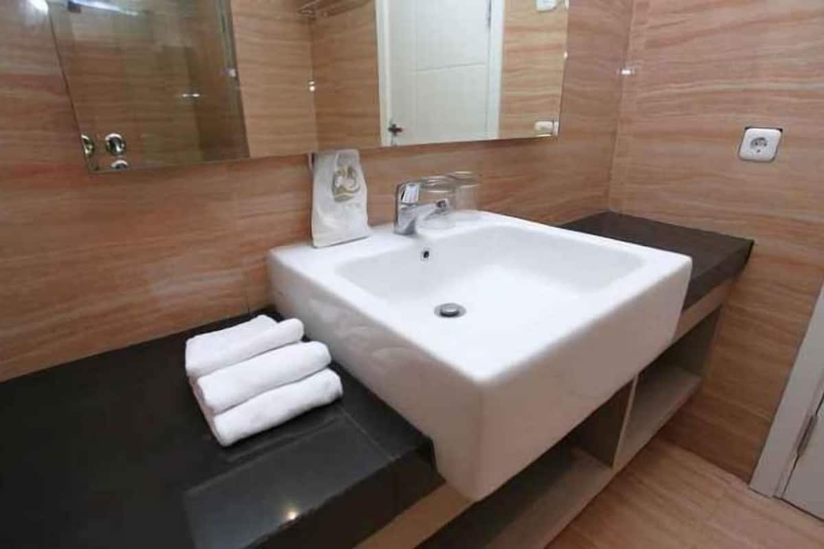 Shower, hydromassage showerhead, free toiletries, hair dryer