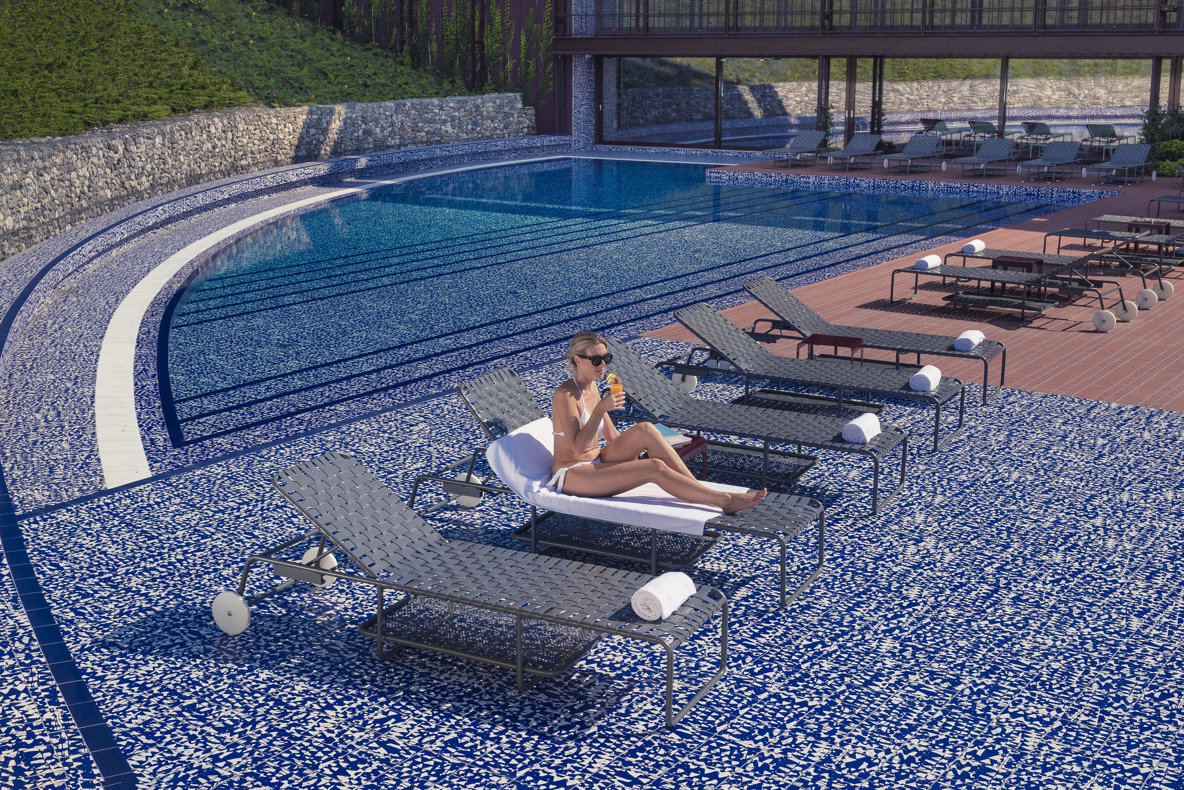 indoor pool, seasonal outdoor pool, pool loungers