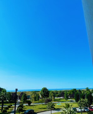 A view of a coastal area with a clear sky, a pathway lined with trees, and parked cars. - Aksular Hotel (Trabzon)