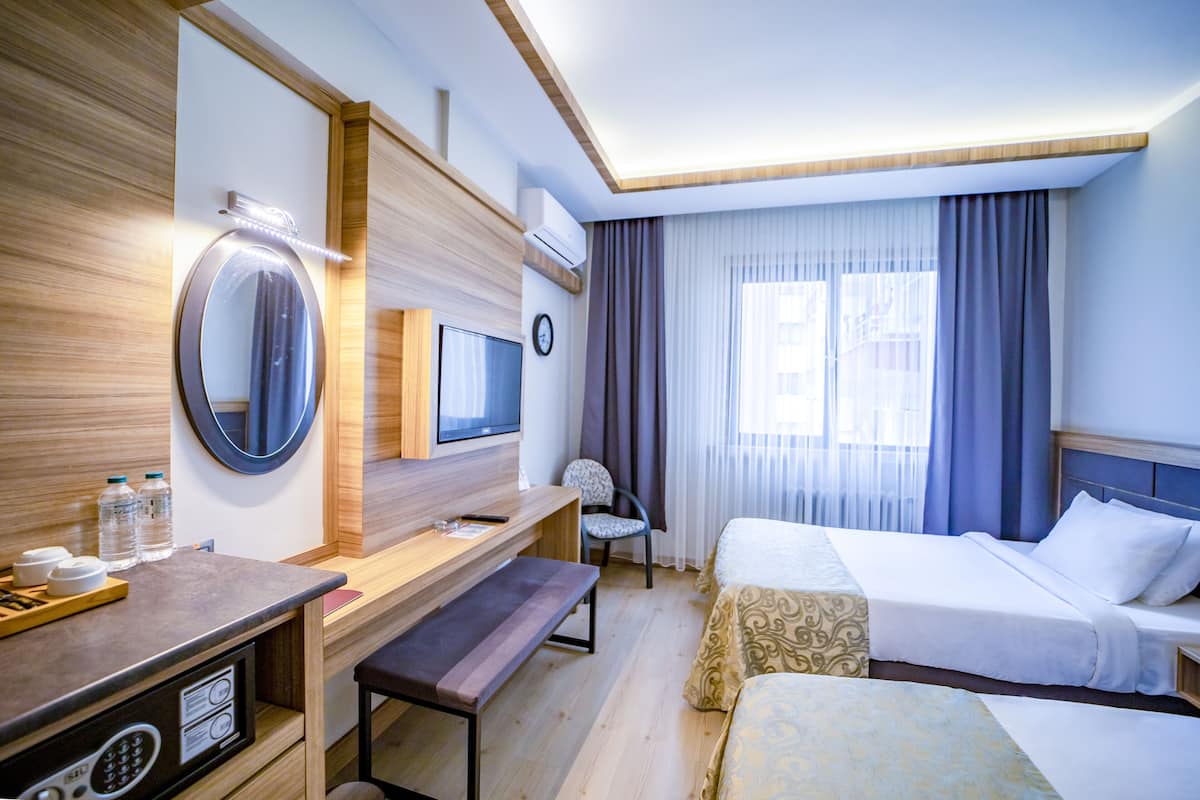 Habitación estándar con 2 camas individuales, varias camas, vista al patio | 1 habitación, ropa de cama de alta calidad y minibar