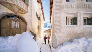 Un estrecho callejón cubierto de nieve entre edificios, con una puerta de madera y una ventana con contraventanas verdes.
