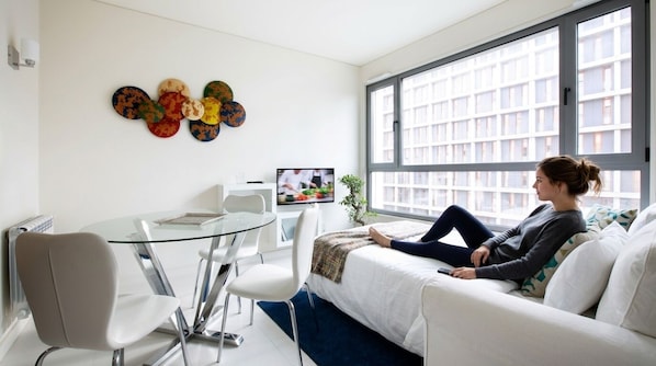 Appartement, 1 chambre, salle de bain attenante | Aire de séjour | Téléviseur au plasma