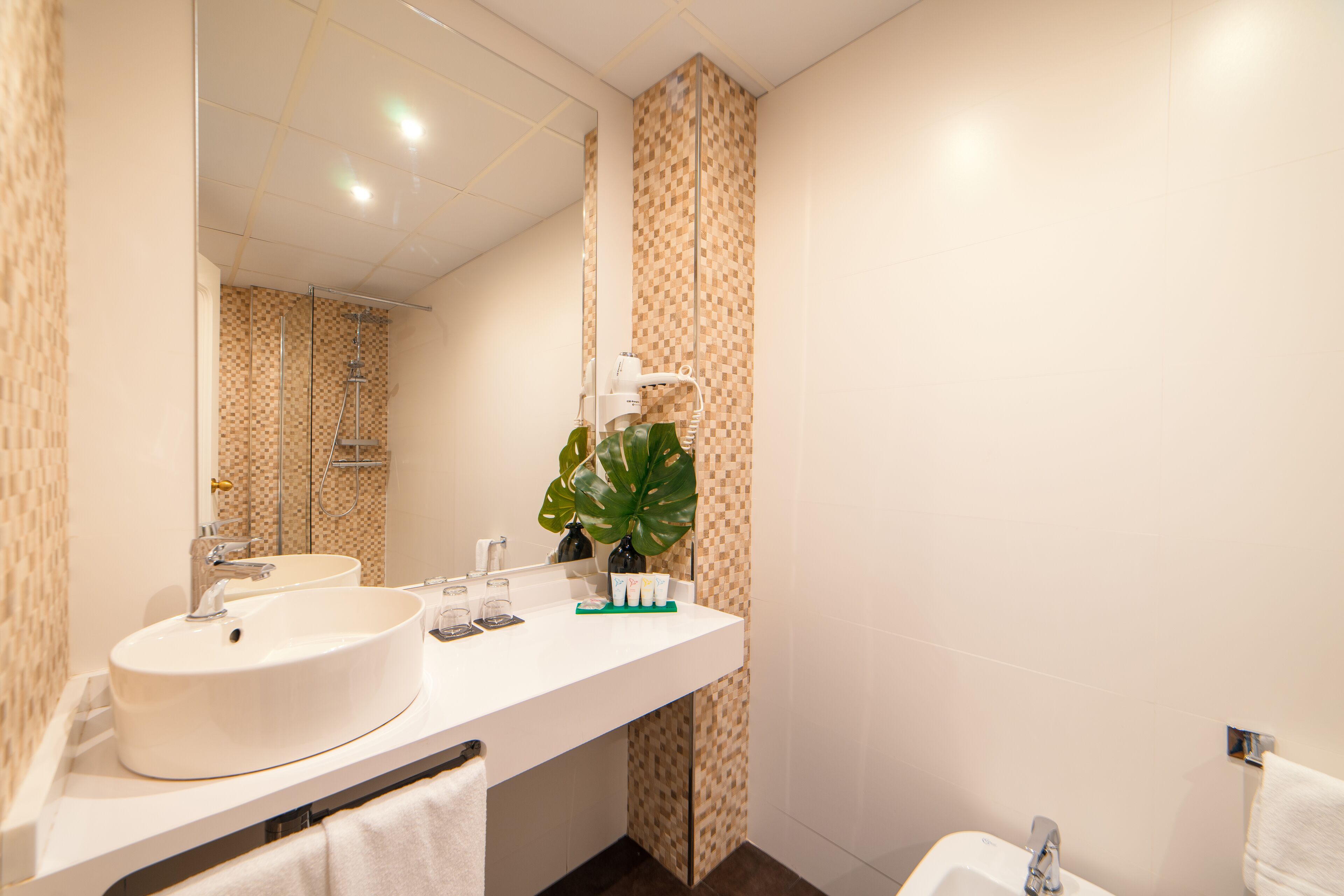 A modern bathroom with a large mirror, two sinks, a shower, and a plant.