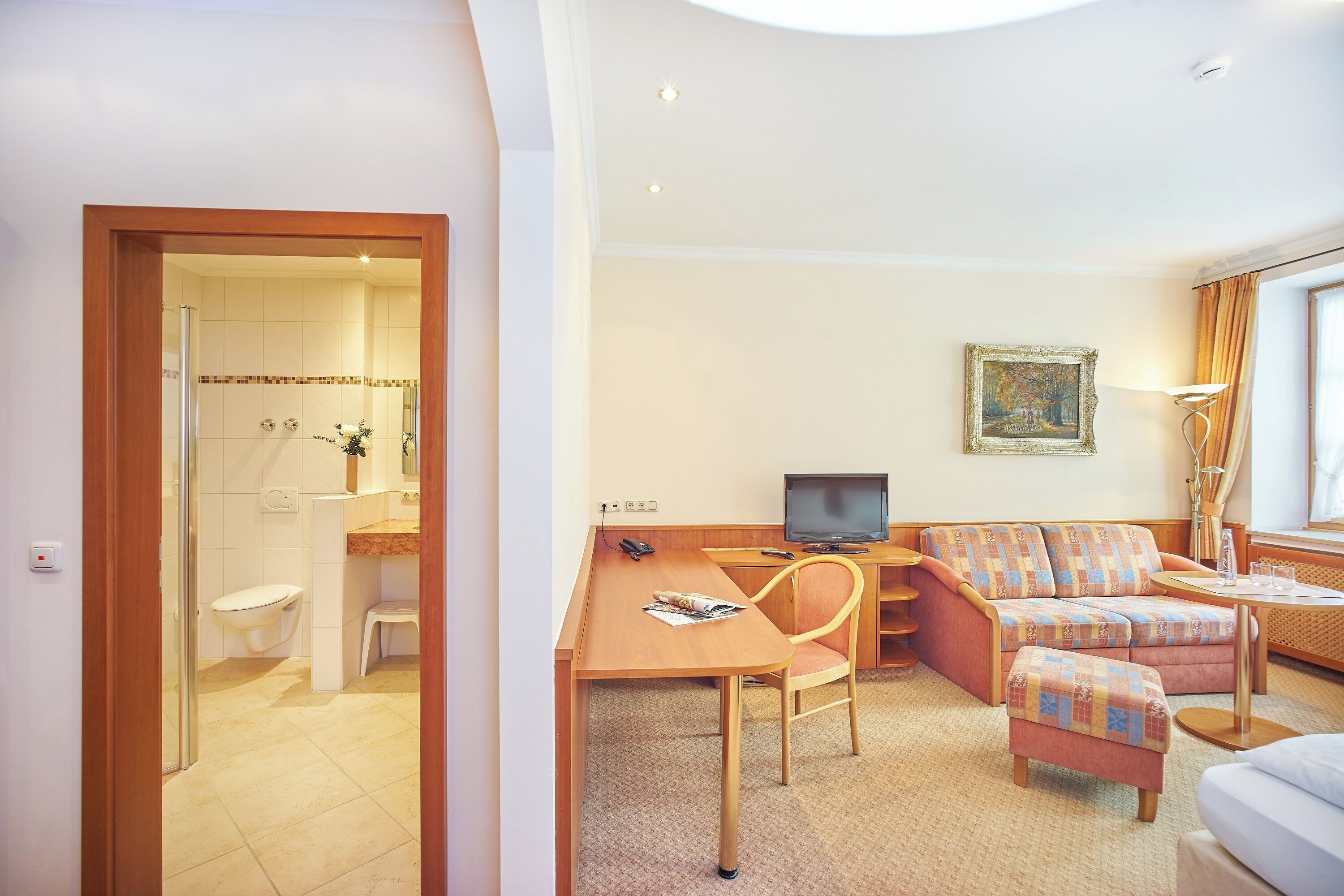 Habitación de hotel compacta con ducha, un pequeño escritorio con silla, un sofá y televisión.