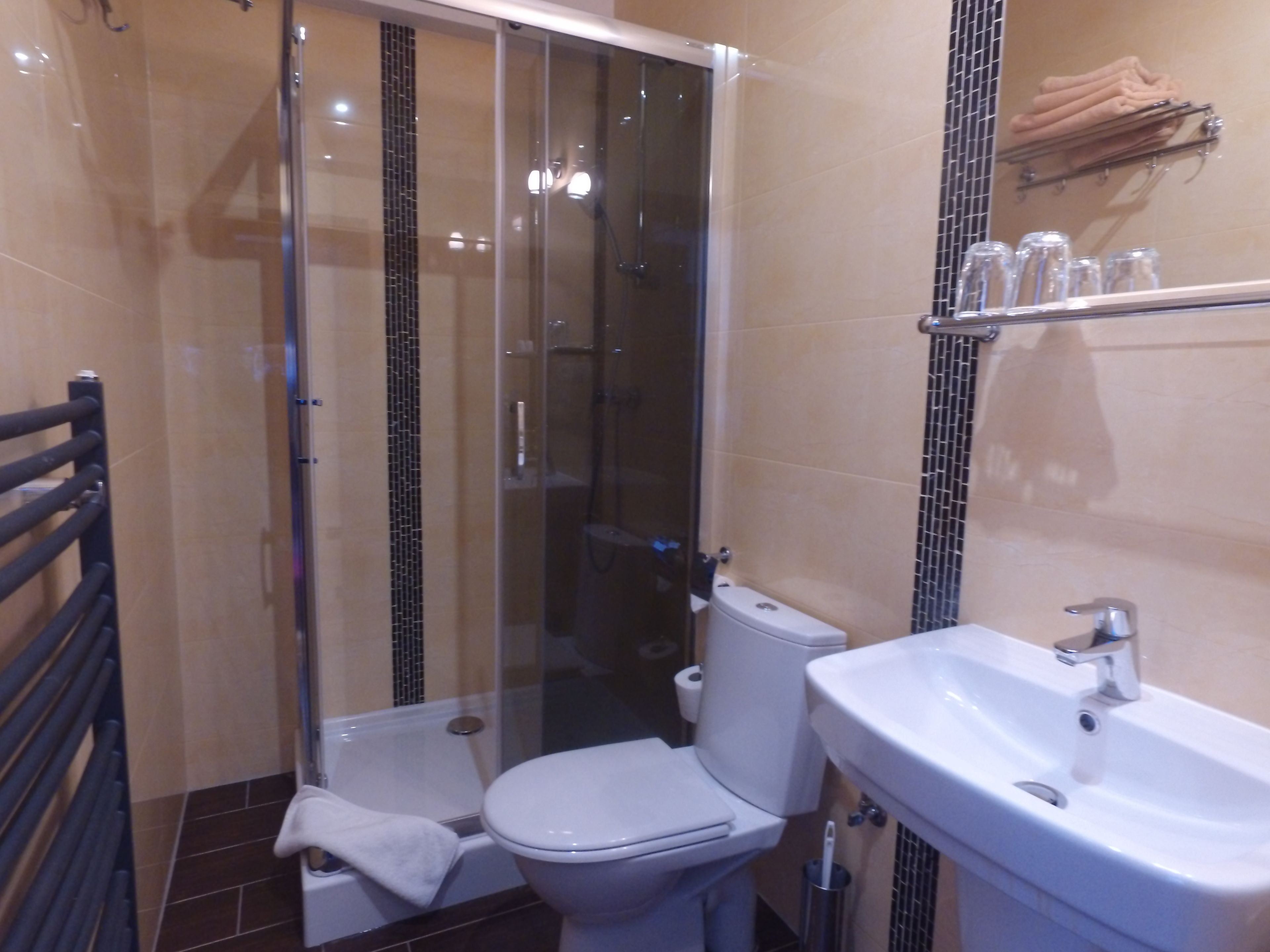 Un baño moderno con ducha de vidrio, inodoro blanco y lavabo con espejo.
