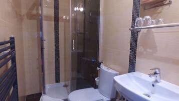 Un baño moderno con ducha de vidrio, inodoro blanco y lavabo con espejo.