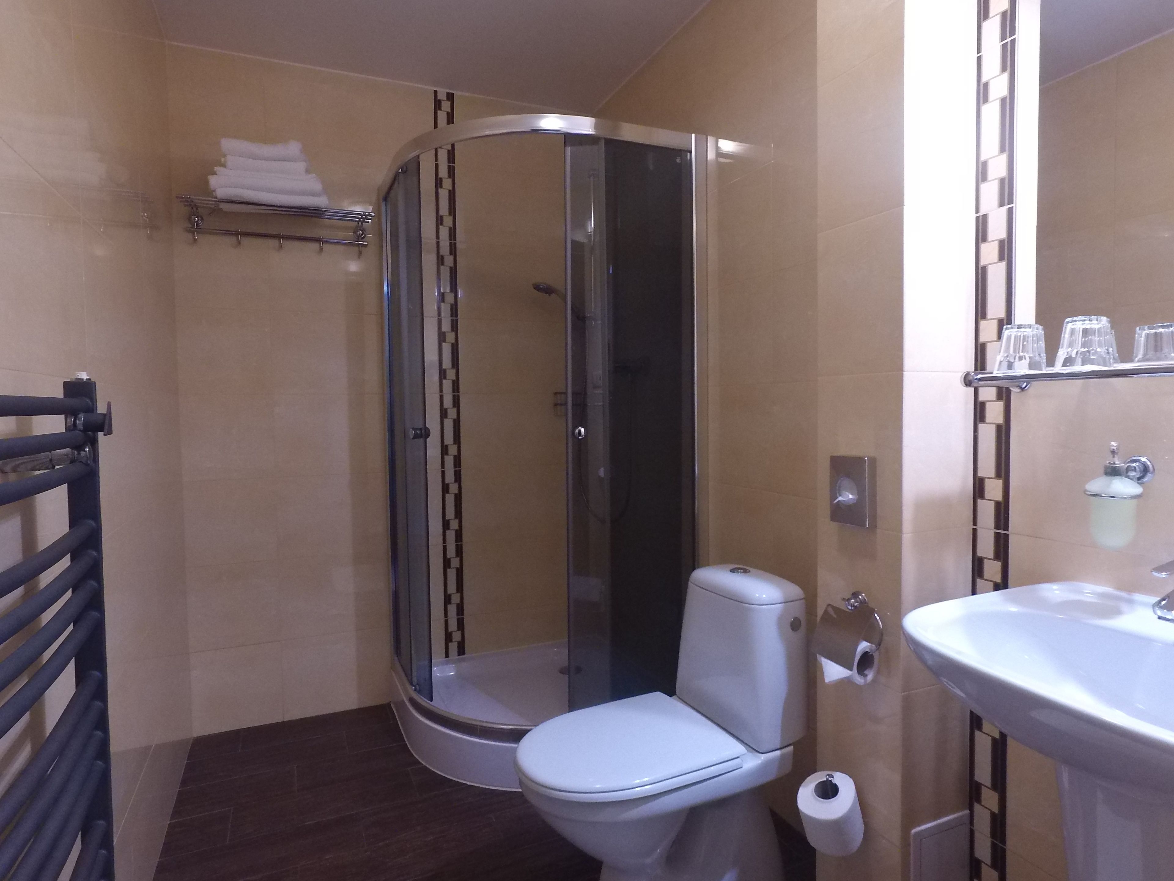 Une salle de bain avec une douche à parois de verre, des toilettes et un lavabo.
