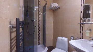A modern bathroom with a glass-enclosed shower, a white toilet, and a sink with a mirror above it.