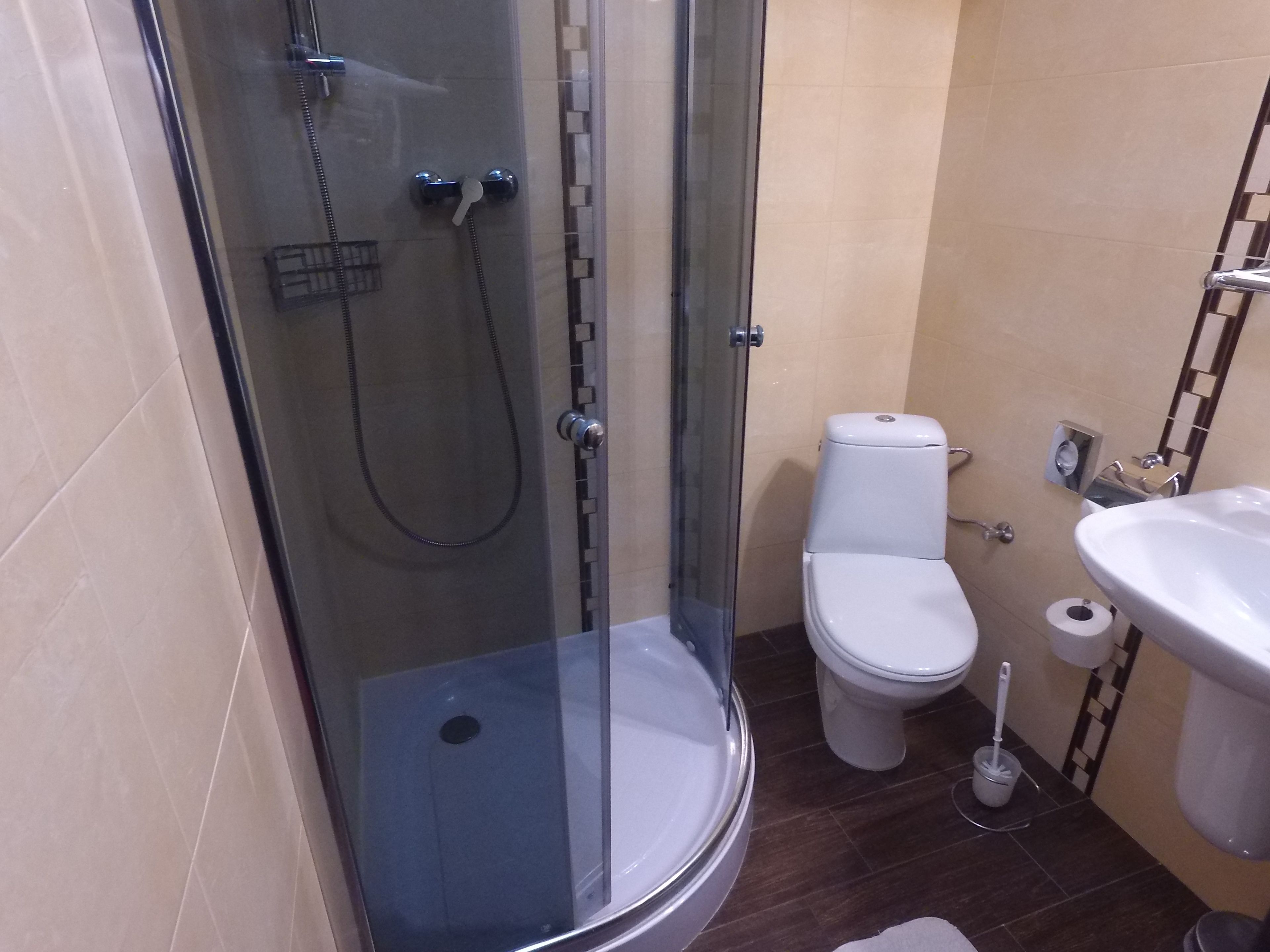 A bathroom with a glass-enclosed shower, a toilet, and a sink.
