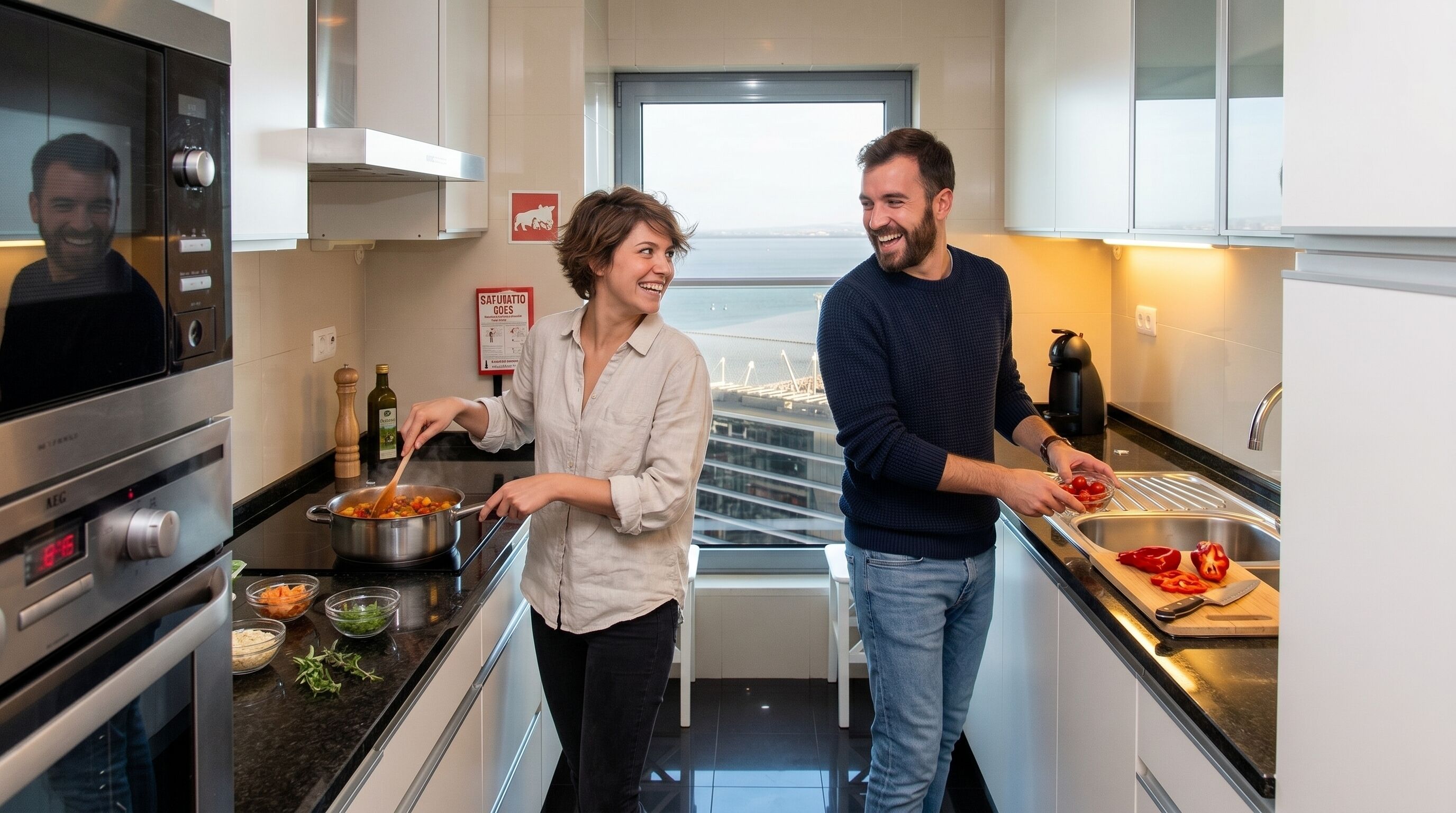 A modern kitchen with stainless steel appliances, a view of the city, and a window.