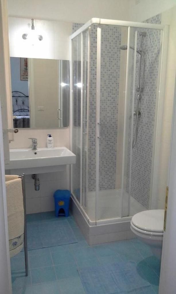 A bathroom with a shower enclosure, a sink, and a toilet.