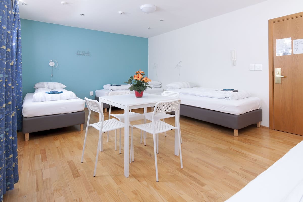 A modern room with two single beds, a dining table with chairs, and a potted plant.