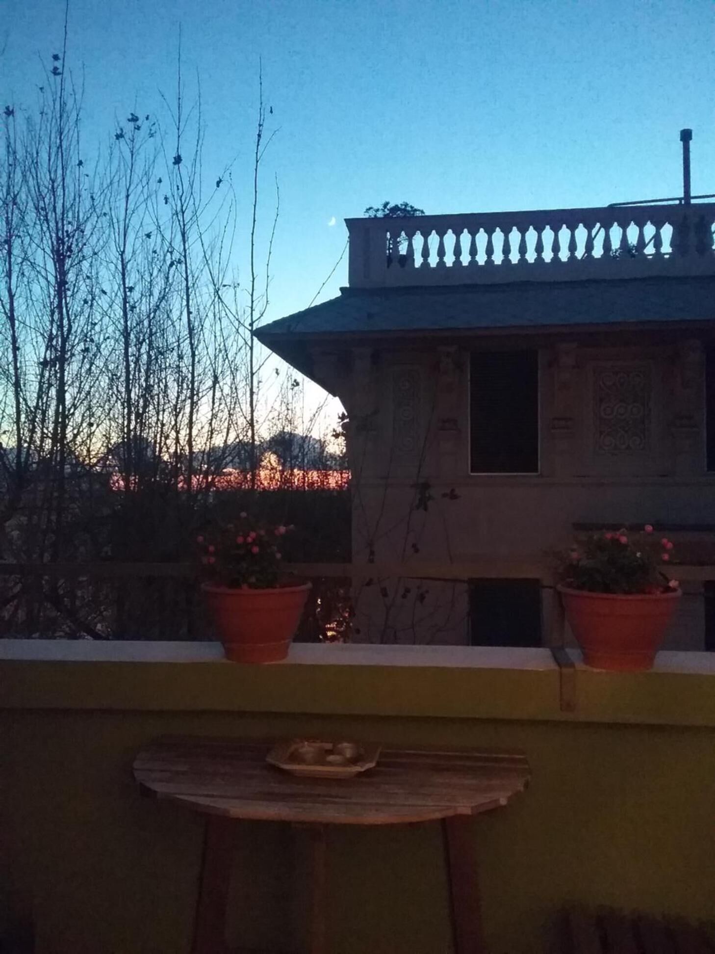 A building with a balcony, two potted plants, and a small table with a plate.