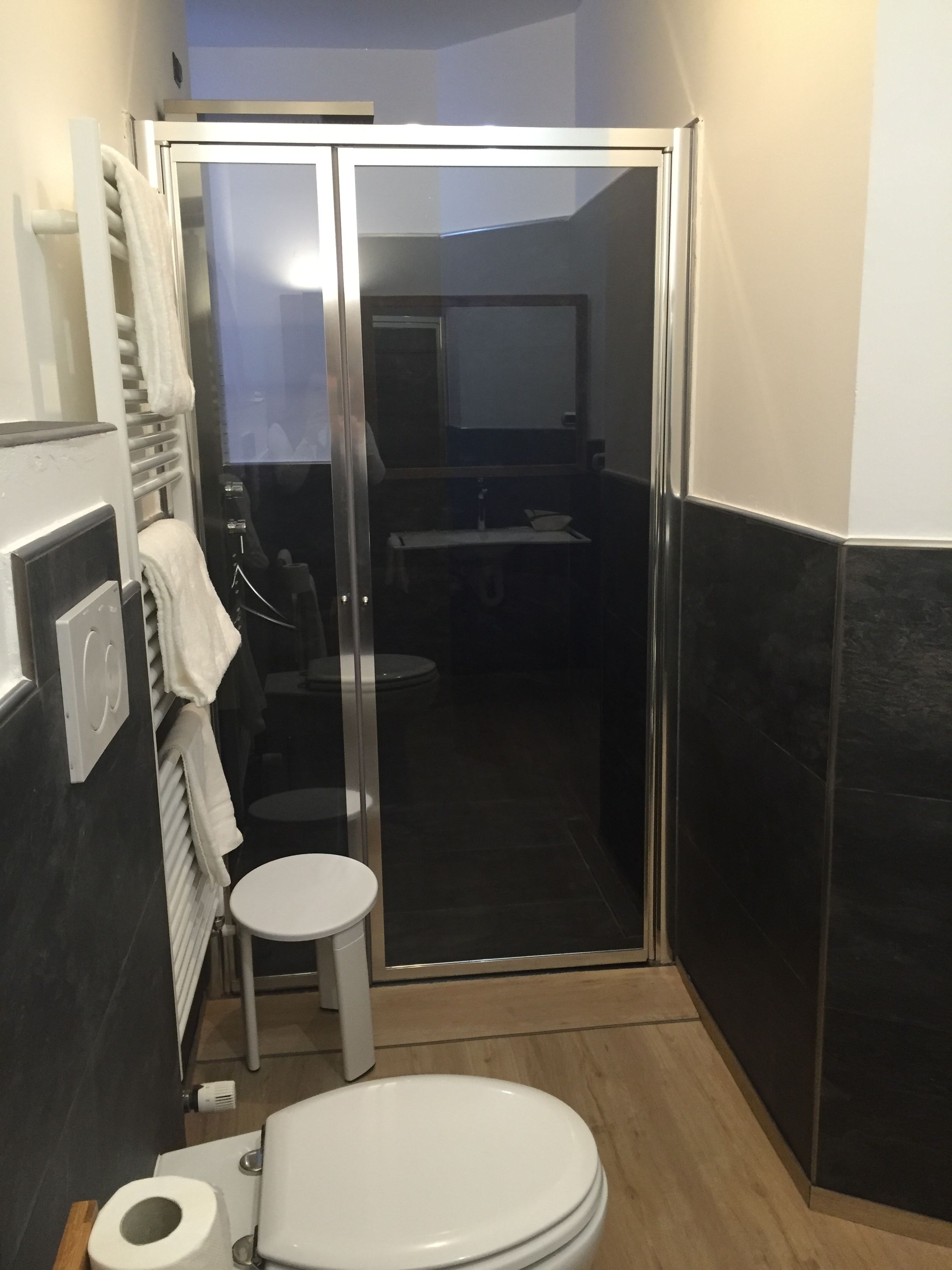 A compact bathroom with a toilet, a small sink, and a glass shower enclosure.