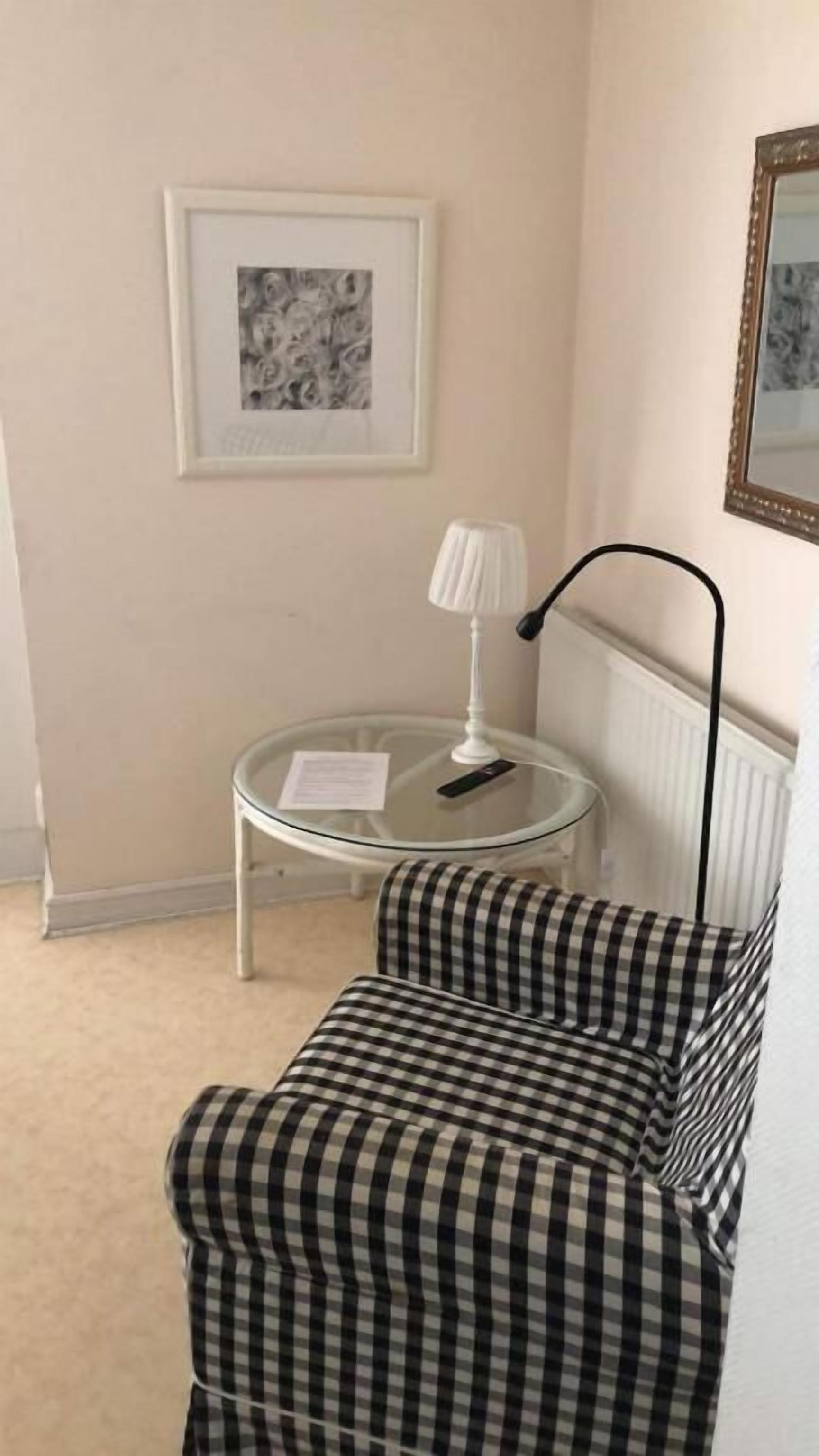 A checkered sofa, a small round table with a lamp, and a framed picture on the wall.