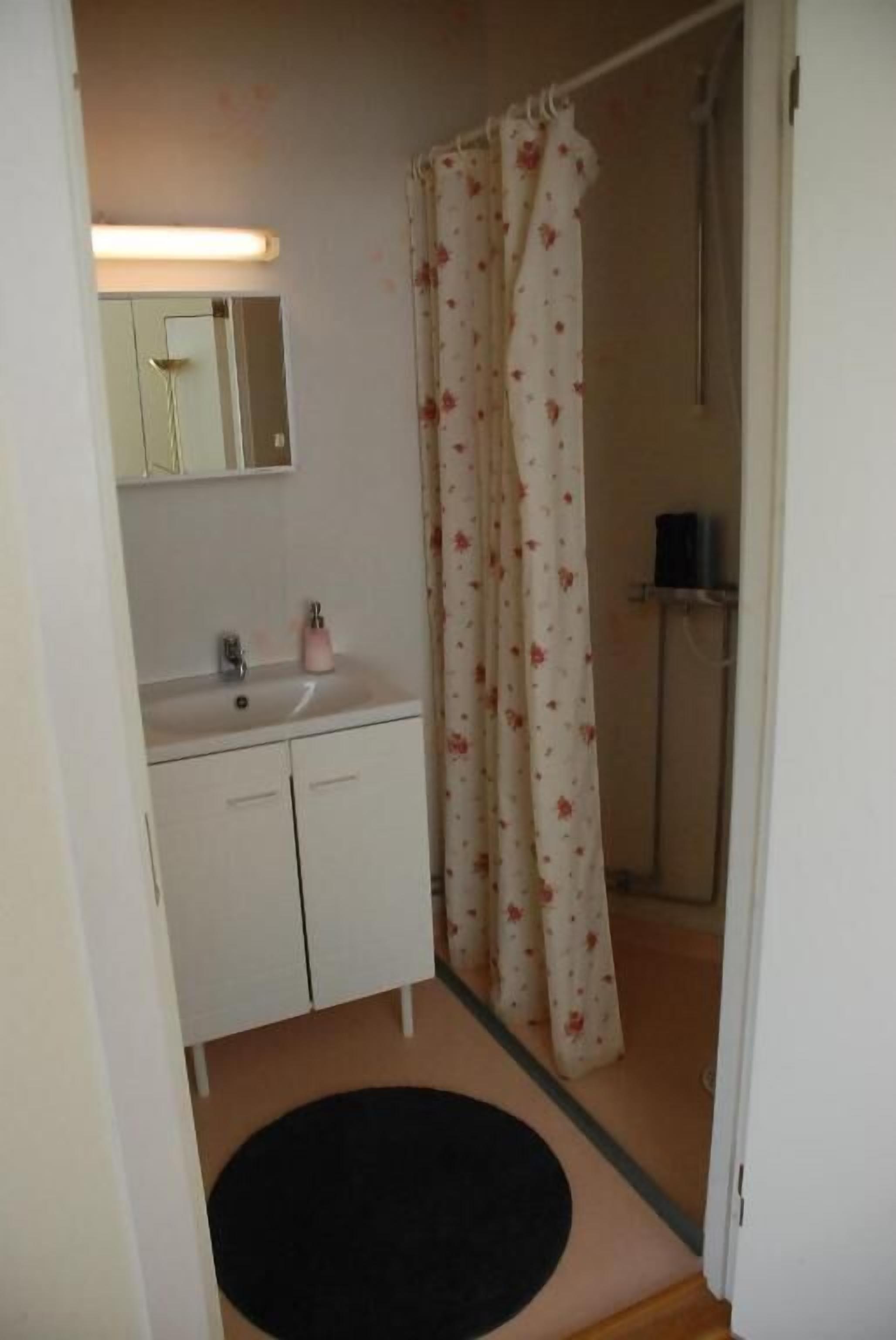 Une salle de bain avec un lavabo, un miroir et un rideau de douche.