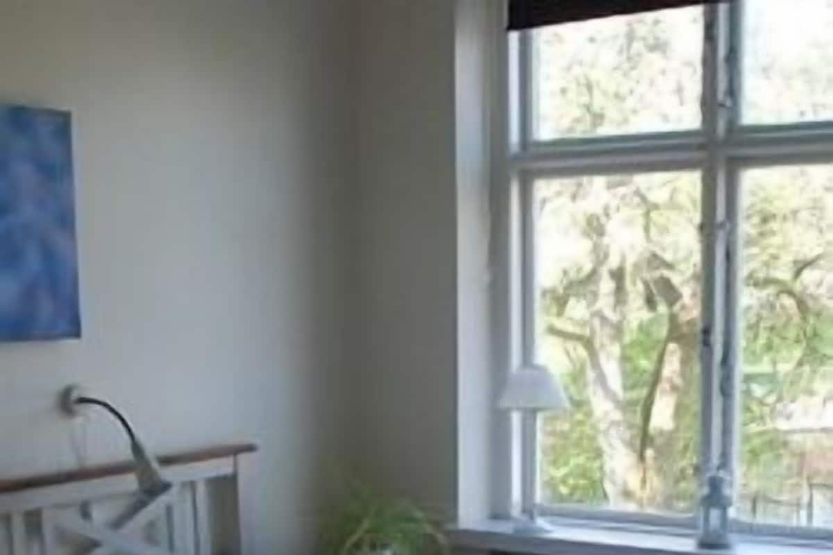 Una habitación con cama, ventana con vista a la vegetación, un radiador y una lámpara.