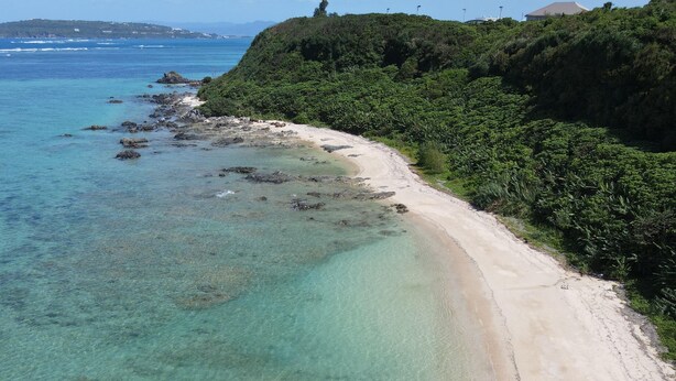 A coastal beach with clear turquoise waters, a sandy shore, and lush greenery on the hillside. - Hotel Oceans Nakijin (Nakijin)